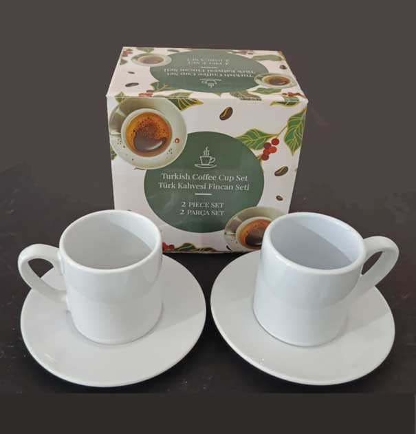 Beyaz Porselen Türk Kahvesi Fincanı (2'lı set) + Karton kutu +  Tasarım + Baskı	