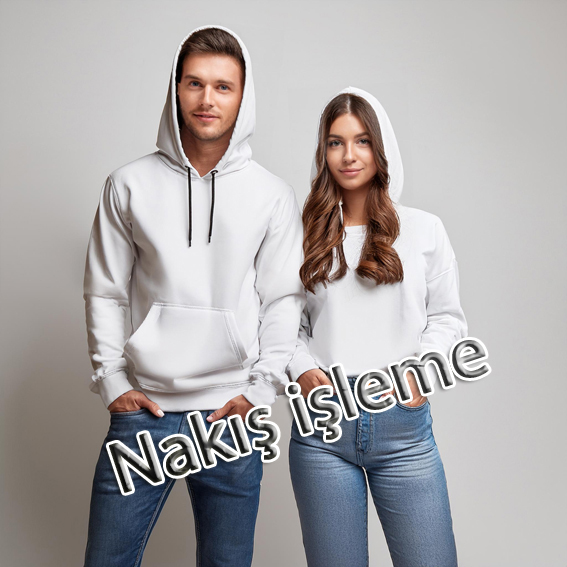 Beyaz Kapşonlu Önü Düz Sweatshirt Nakış İşleme 