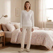 Uzun kollu beyaz pijama baskı Desenli Pijama Altı