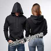 Siyah Kapşonlu Önü Düz Sweatshirt Nakış İşleme 
