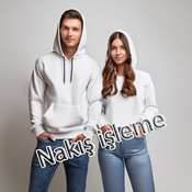 Beyaz Kapşonlu Önü Düz Sweatshirt Nakış İşleme 